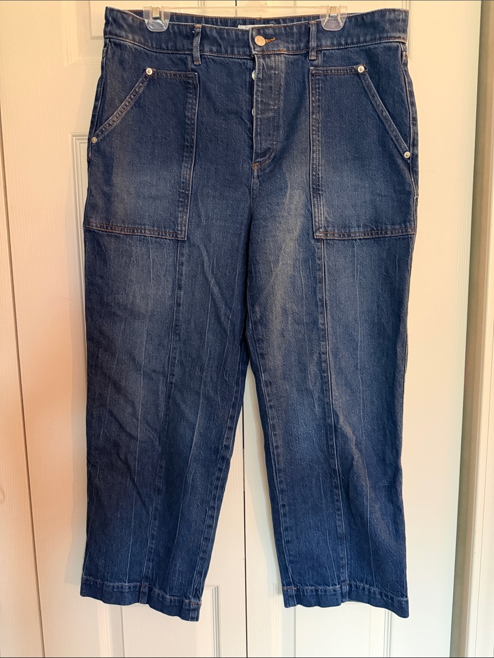 LOFT Straight-Leg Utility Jeans in Dark Blue Denim